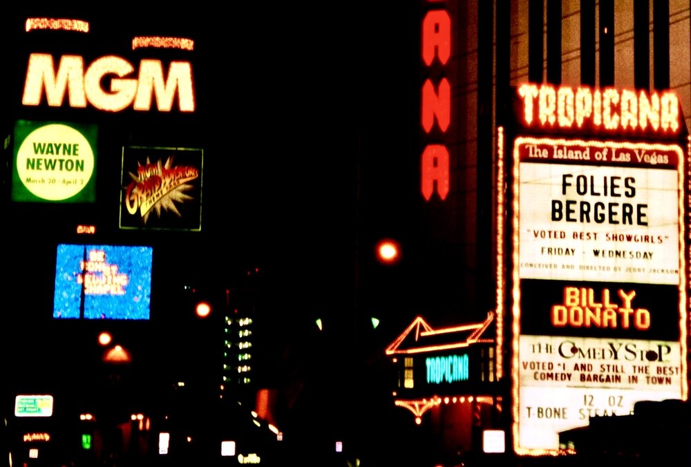 Tropicana marquee near Wayne Newton and MGM signage